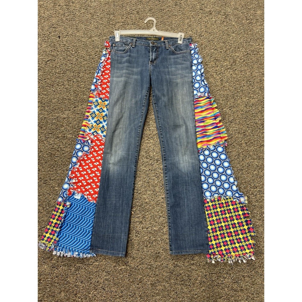 Bell Bottom Cotton Denim Jeans With Vtg Quilt Inserts 32" Waist OAK